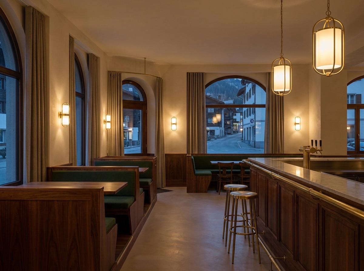 Nussbaum-Einbauten, Sitzbänke und Bar in einer Brasserie