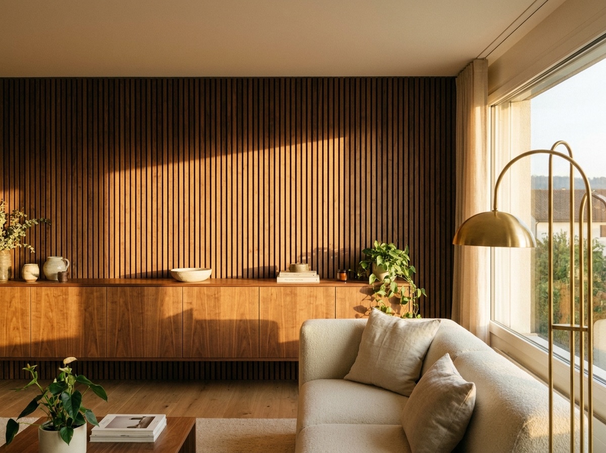 Wohnzimmer mit massgefertigter Lamellenwand und Sideboard