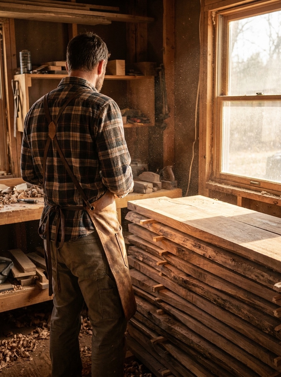 Person von hinten in einer Werkstatt, umgeben von Holzmaterial
